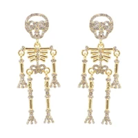 1 pair unusual gold skull rhinestone hanging earrings for women human bones long crystal dangle earrings goth trend jewelry gift