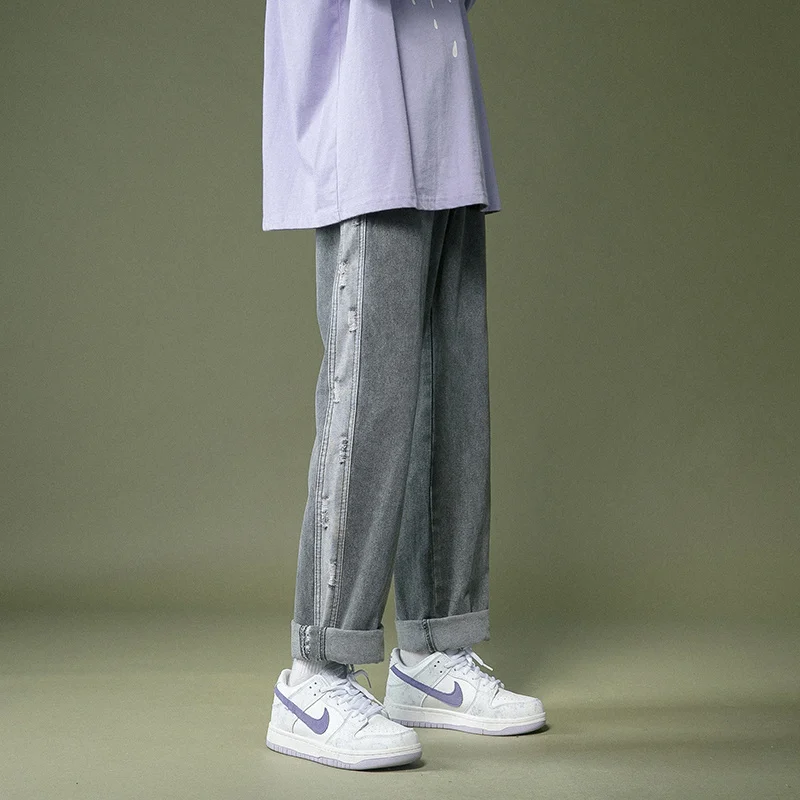 Autumn Cotton Ripped Jeans Men's Fashion Casual Straight Jeans Men Streetwear Loose Hip-hop Hole Denim Trousers Mens S-2XL