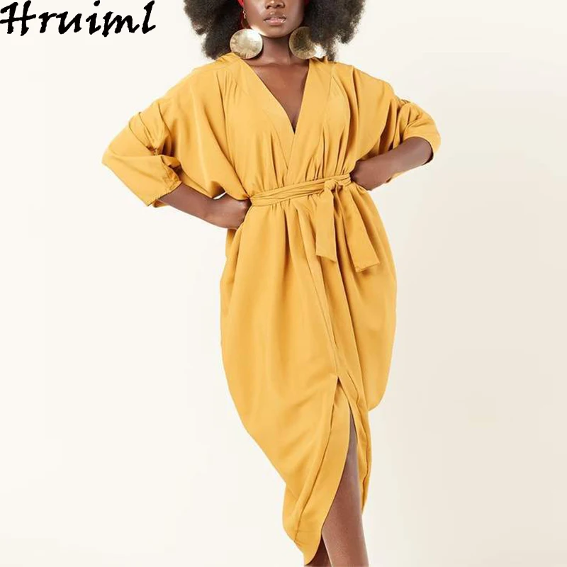 

New Fashion Dresses Ladies Loose Long Sleeve Deep V Neck Solid Bandage Dress Summer Homewear Casual Sleepwear Woman Dresses 2021
