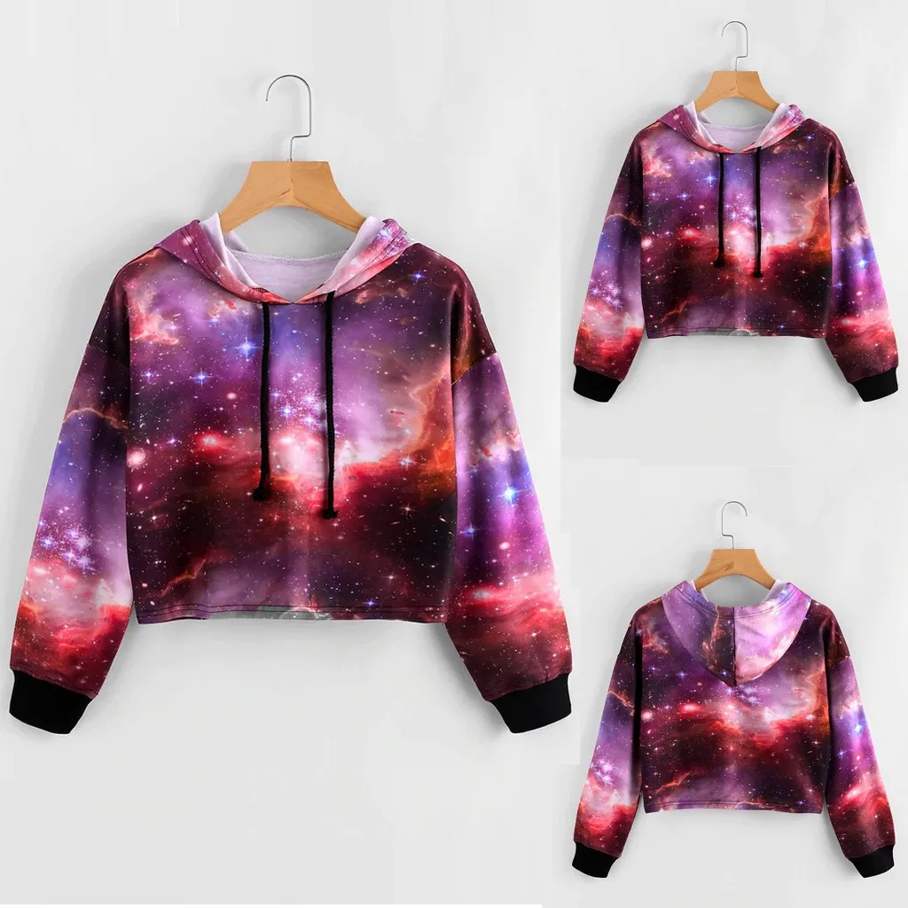 Женские короткие худи с 3D принтом звездного неба Осенние повседневные толстовки