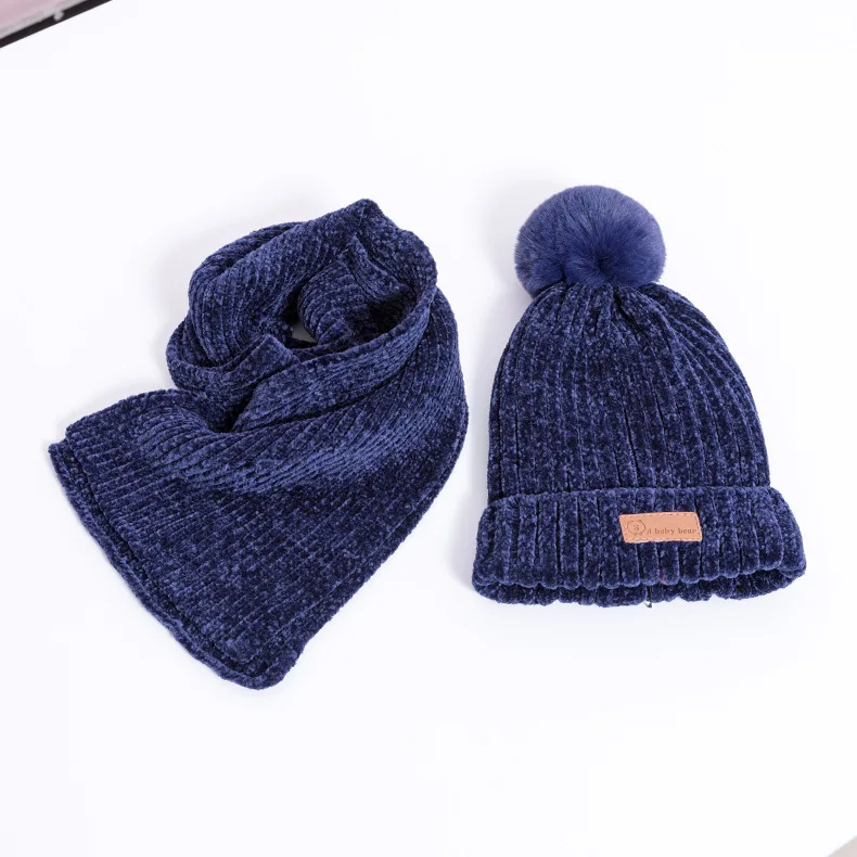 Navy Blue 2Pcs 2 шт./3 шт./компл., детские наборы шарф Шапка Зимняя Теплая Бархатная шапка шарф перчатки для маленьких мальчиков и девочек, костюмы хлопковая шерсть Младенческая шапочка, шапки - Цвет: Navy Blue 2Pcs