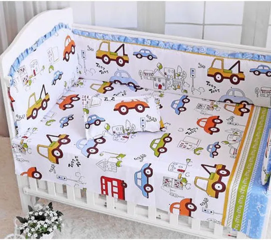 

6PCS Car Crib Bedding kit berço juego de cama Nursery Bedding Cot Baby Cot Protector Bedding Sets (4bumper+sheet+pillow cover)