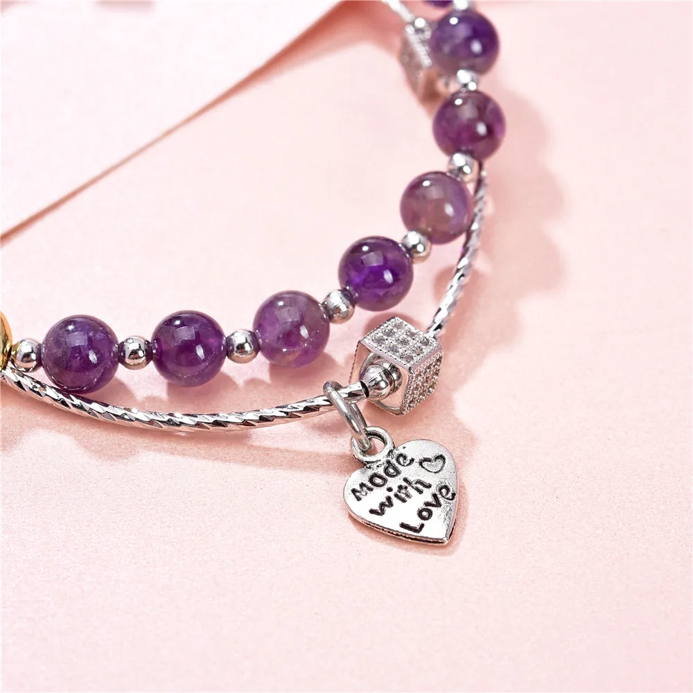 Двухуровневый богемный браслет из бисера с натуральным аметистом и фиолетовым