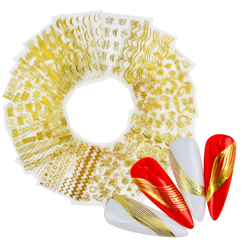 

Nail Art 3D Stickers Decals Russian Letter Leaf Gold Manicure Curve Stripe Lines Design Adhesive Wraps Tip Decoration
