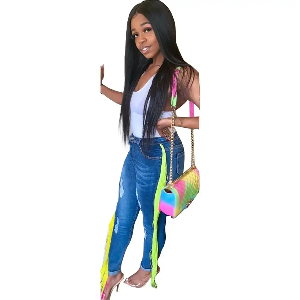 Lemon Gina new Woman Slim hole Fringed Jeans Ladies High Street Denim Pencil Pant X9180