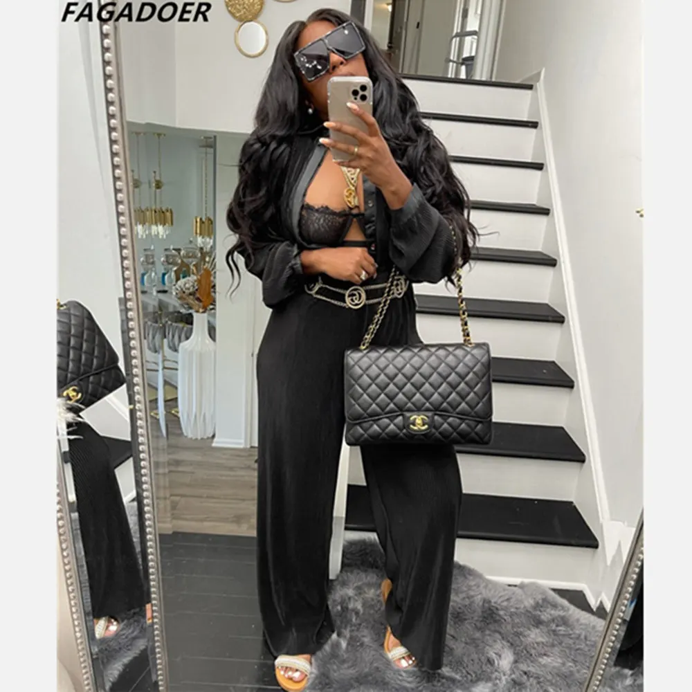 

FAGADOER Fashion Sexy Two Piece Sets Women Button Shirt Top And Wide Leg Pants Outfits Ladies Office Casual Streetwear Elastic