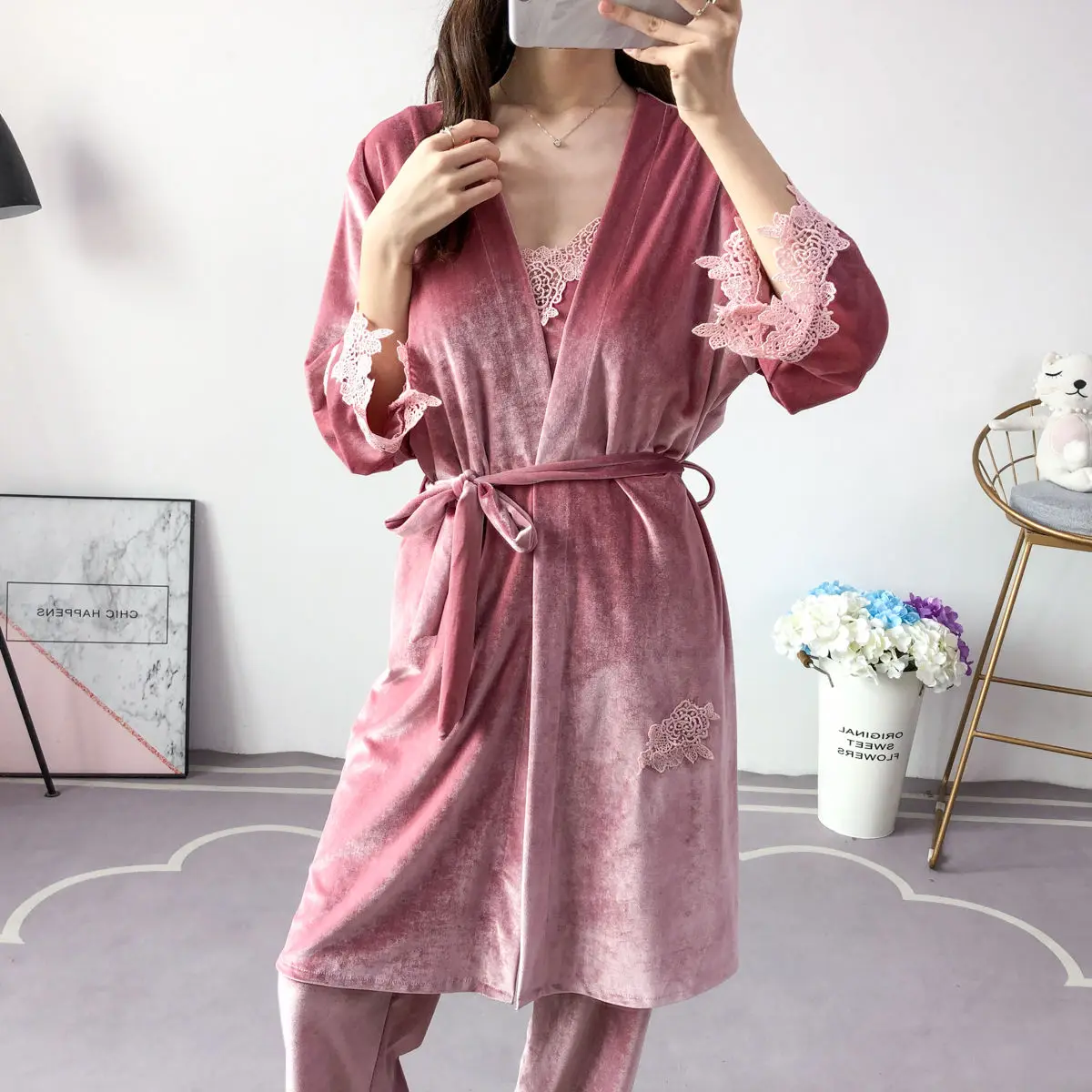 Женские привлекательные пижамные комплекты на весну и осень кружевное ночное