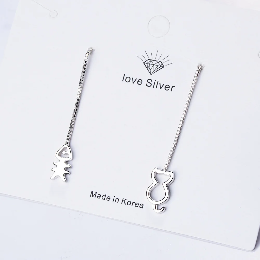 

VOQ 925 Sterling Silver Cute Cat Fish Hollow Asymmetric Long Tassel Earrings for Women