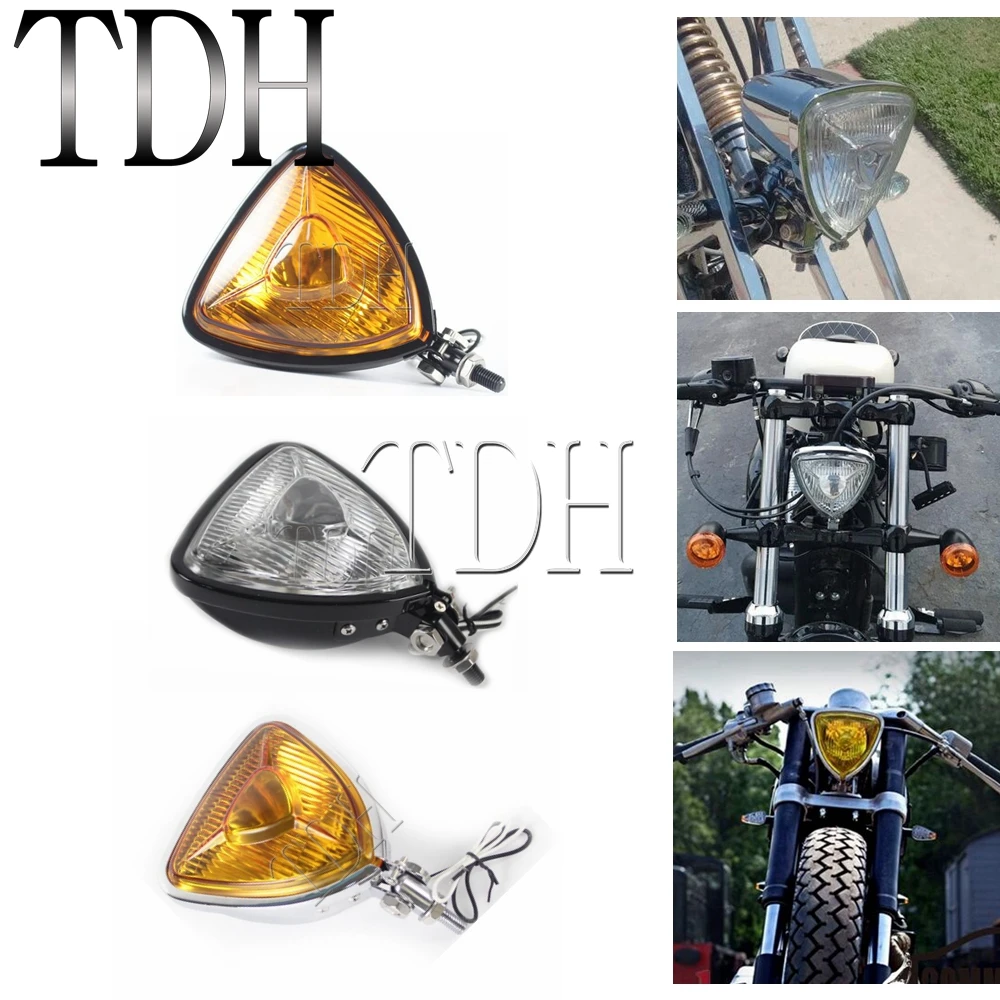 

12V 55W Triangle Headlight Retro Motorcycle Yellow Lens Spot Light Headlamp Front Light For Harley Chopper Cruisers Cafe Racer