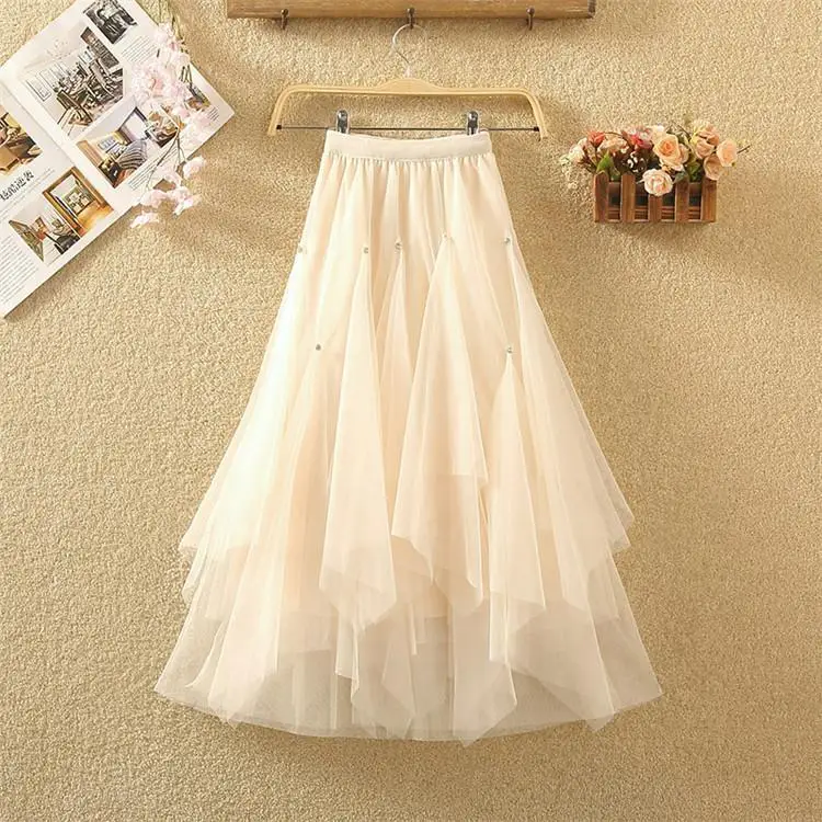 

2020 New Summer Women Midi Mesh Irregular Ruffles Pleated Skirts Female Korean Style A-Line High Waist Beading Tutu Skirts Z102
