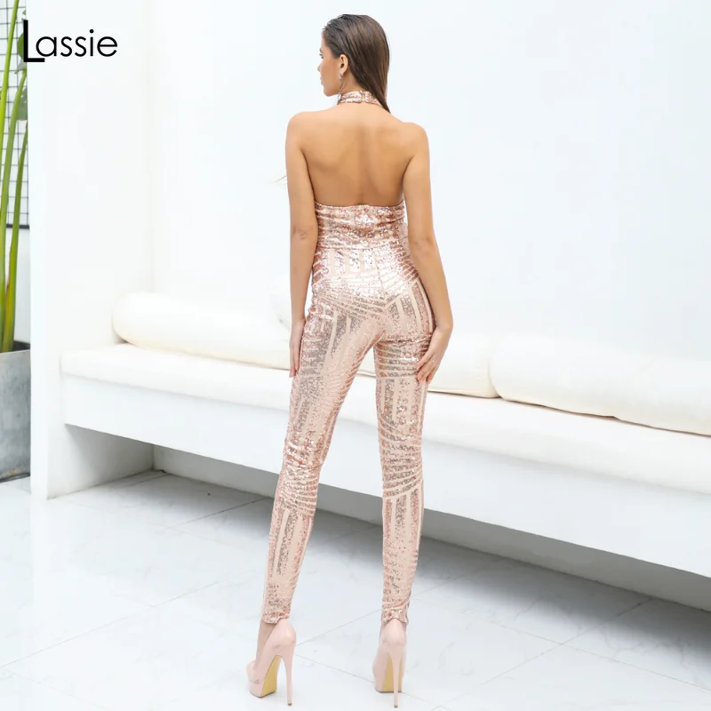 

Elegant backless jumpsuit sequin prom dress bright party trouser suit celebrity joggers streetwear women stacked pants iamhotty