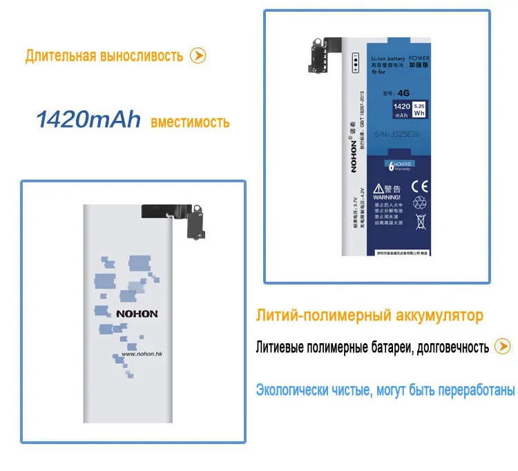 NOHON аккумулятор для Apple iPhone 4, 5, 6, 4S, 5S, 5C, литий-полимерный Сменный аккумулятор для мобильного телефона, реальная емкость+ Бесплатные инструменты