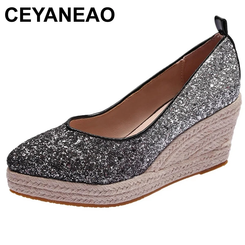 

CEYANEAO High Heel Wedge Women Shoes Slope Heel Shoes Shallow Mouth Banquet 2021 New Sequined Platform Elegant High Heels Female
