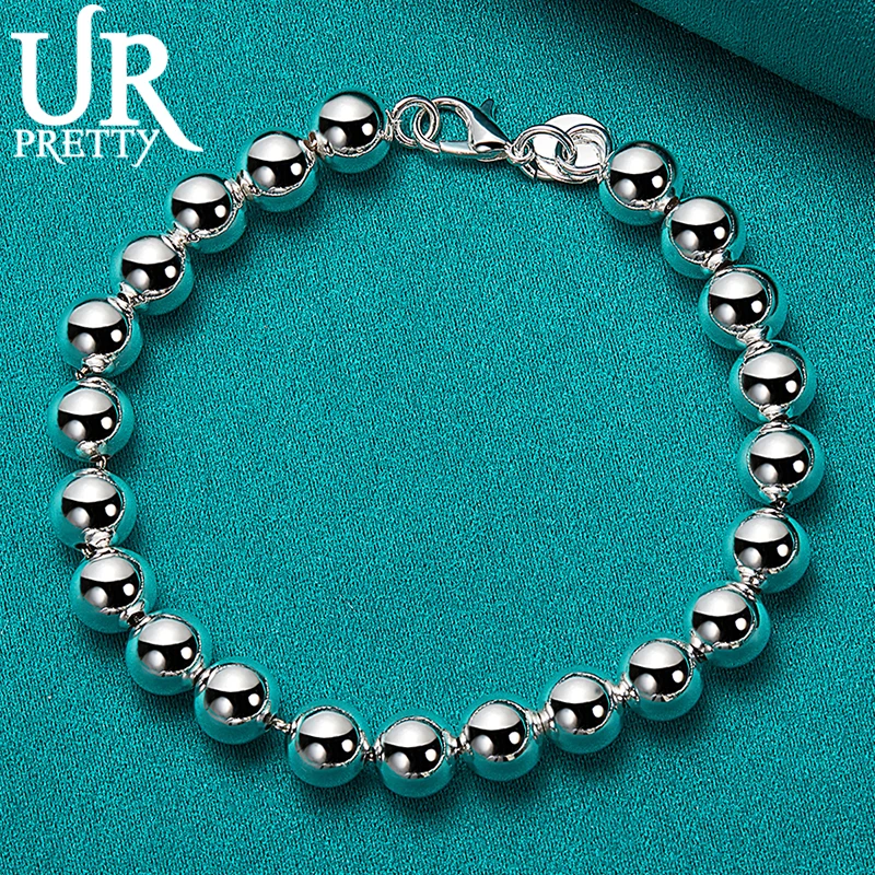 

URPRETTY 925 Sterling Silver 6mm Round Bead Chain Bracelet For Man Women Wedding Engagement Charm Jewelry Fashion Gift