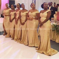 one shoulder gold sequins bridesmaid dresses african mermaid wedding guest dress front slit sweep train maid of honor party gown