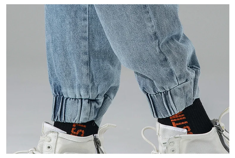 

#1414 Spring Summer Thin Pencil Harem Jeans Men Side Pockets Biker Jeans Blue Hip Hop Jeans Mens Denim Cargo Jeans Retro Blue