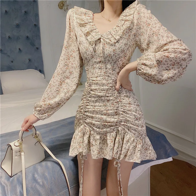 Korean style ruffles print mini-dress woman v-neck designer fashion brand bodycon dresses evening party autumn ladies vestidos | Женская