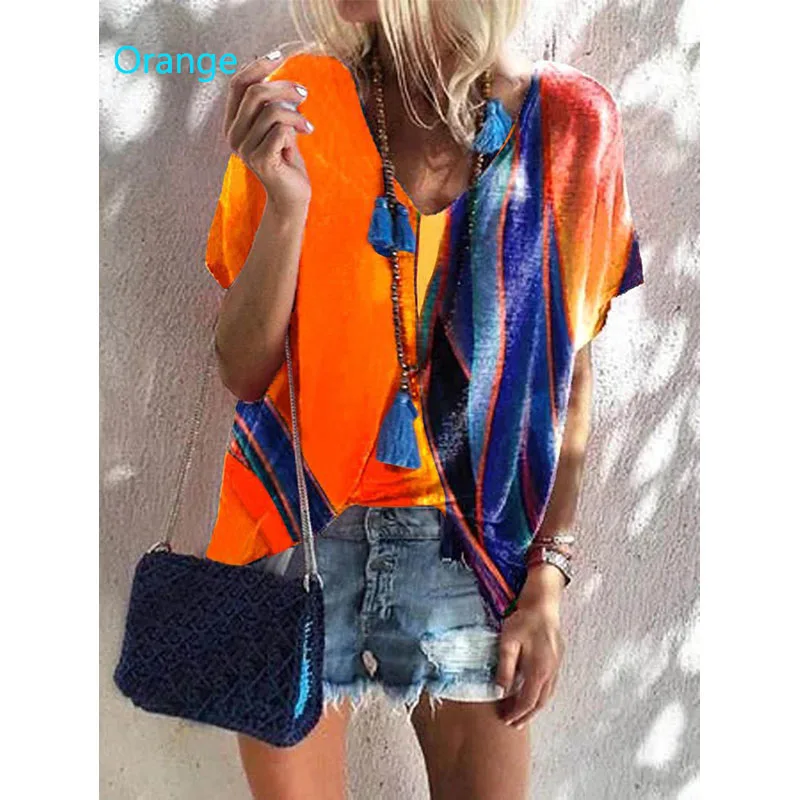 

Summer Harajuku Tshirt Colorblock Patchwork Tops Women Casual Short Sleeve V-neck Loose Plus Size T-shirt Femme Fashion Clothes