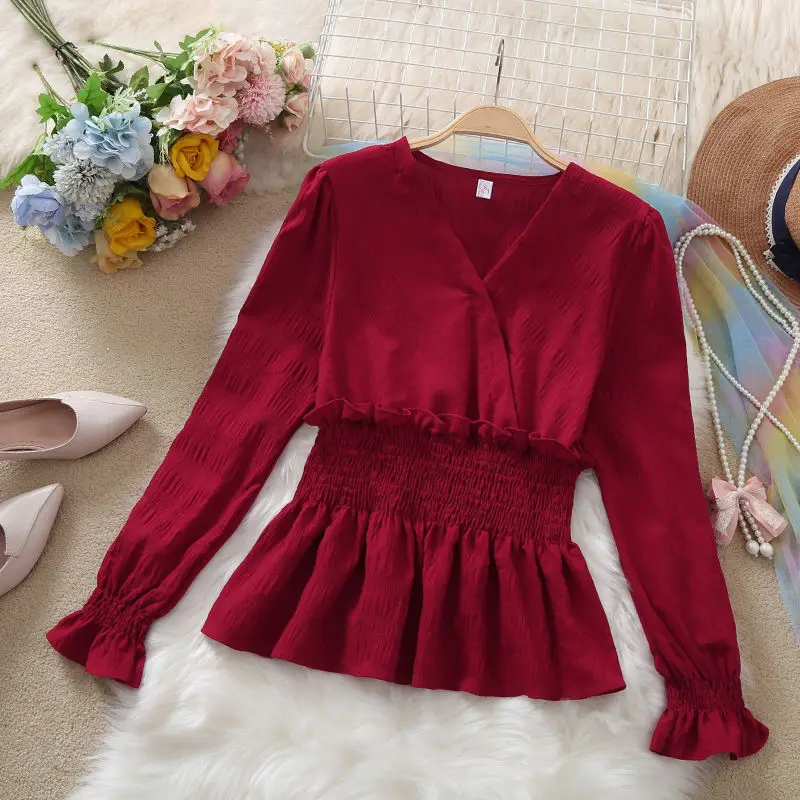 

Wholesale Chiffon Long Sleeve Shirt Women's New Design Clothing V-Neck Ruffle Waist Slim Tops Korean Fashion Lightweight Blouses