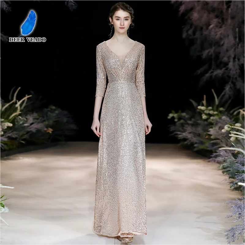 

DEERVEADO Long Evening Dress 2020 New Arrival Sparkling Sequins Evening Gown Formal Dress Party Sexy XYG845