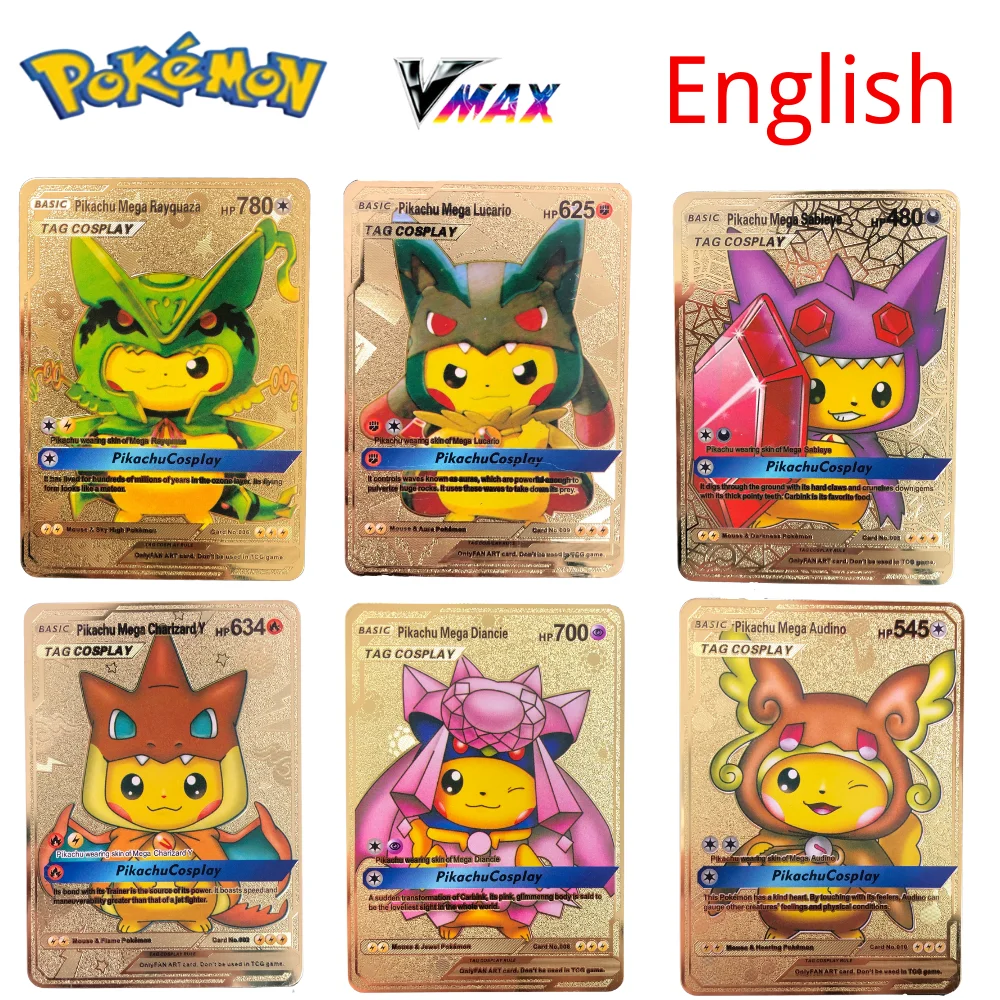 

Английские металлические карты Pokemon VMAX GX, карты pokemon espanol, золотые металлические буквы, Детская игра для битвы, английские коллекционные карт...