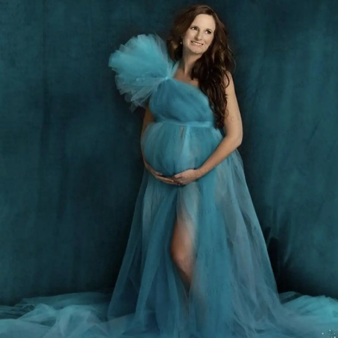 

One Shoulder Maternity Photo Shoot Plus Size Robes Pregnancy Women Sheer Ruffles Tiered Tulle abiye vestido de fiesta