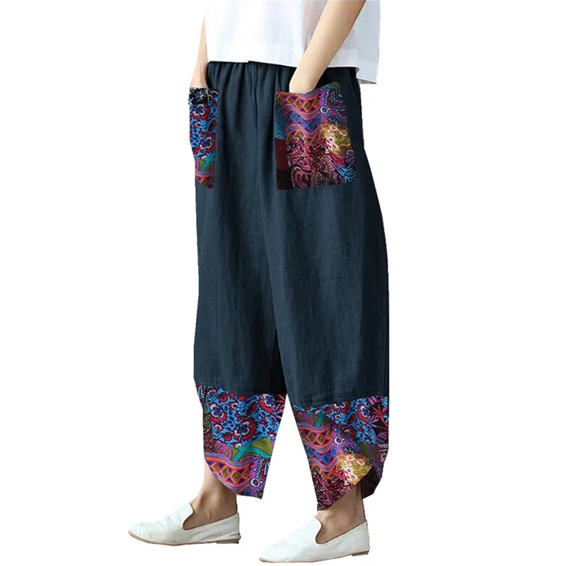 

Women Loose Floral Pants Relaxed Casual Wide-Leg Trousers Patchwork Cotton Blend