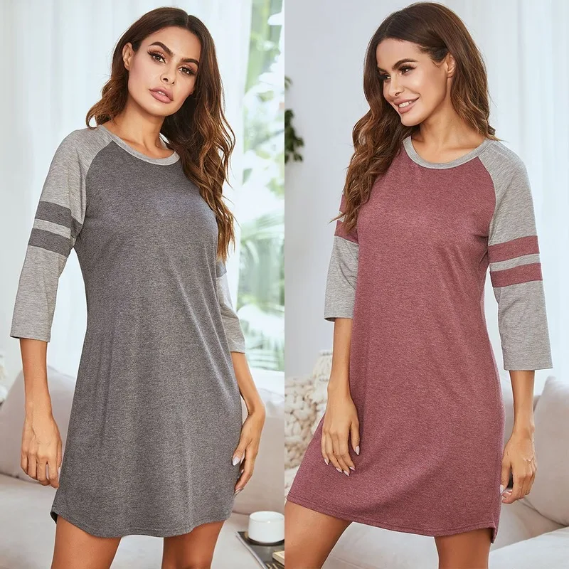 Women's Nightdress European and American Round Neck Stitching Pajamas Sexy Home Casual Pajamas Spring and Summer Long Nightdress