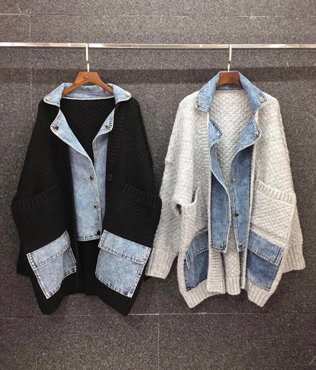 

Winner 2021 Autimn Fashion Women Knitted Patchwork Loose Denim Jacket Coat For Female Luxury Outerwear 2 Color Jdwm