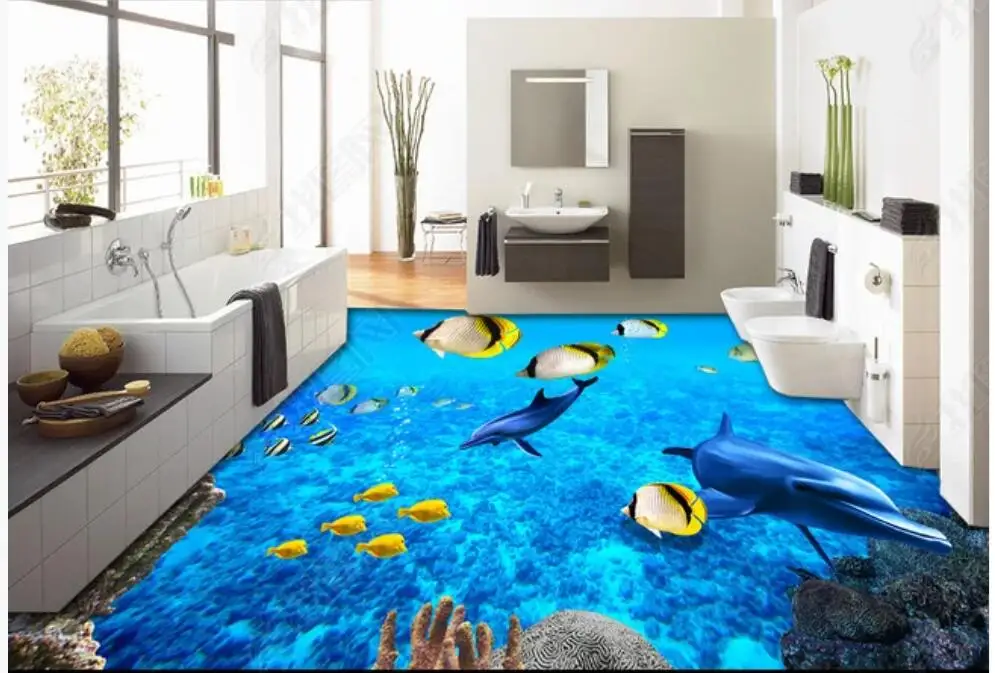 

3d pvc Self-adhesive vinyl floor Wall stickers Sea world dolphin fish home decor photo Wallpaper for walls in rolls bedroom