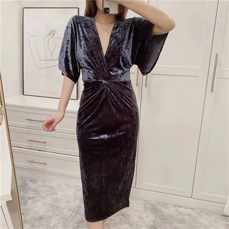

Sexy Backless Za Velvet Midi Dress For Women 2021Chic Vintage Long Vestido Front Knot Back Opening Ruched Party Dresses