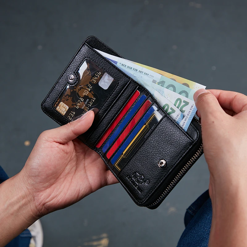 Мужской кошелек BISON DENIM из натуральной кожи на молнии с Rfid блокировкой короткий