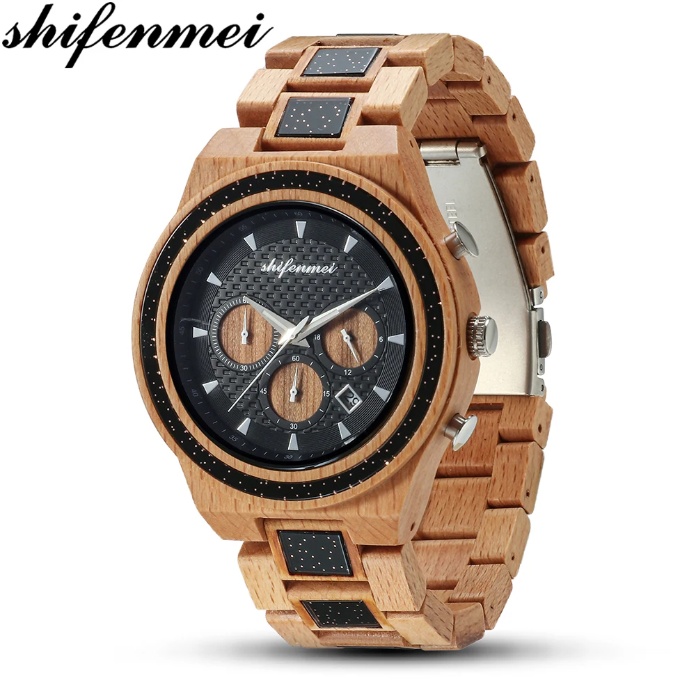

Shifenmei мужские часы, деревянные часы, отображение даты, повседневные мужские роскошные деревянные часы, хронограф, спортивные военные кварце...
