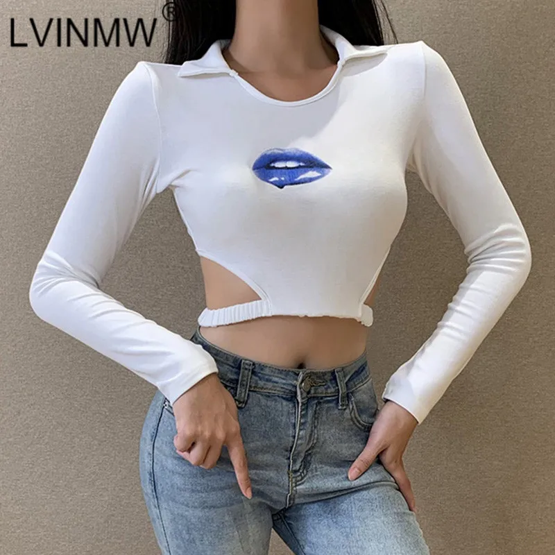 LVINMW сексуальный укороченный топ с отложным воротником и длинным рукавом принтом
