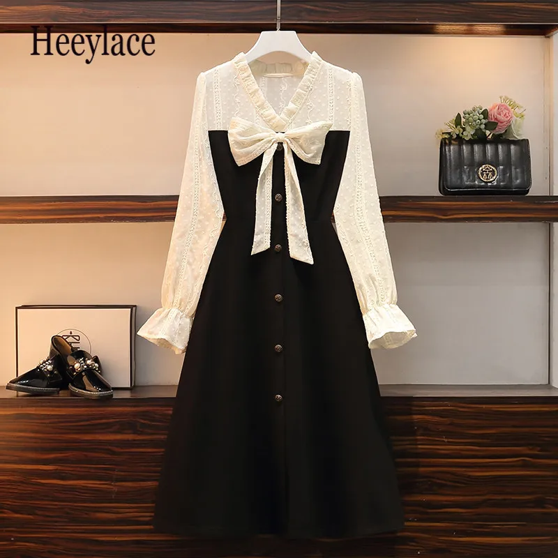 

Plus Size French Vintage 4XL Dress Women Puffer Sleeve Bow Collor Office Elegant Dress Female 2021 Autumn Patchwork Dress Korean