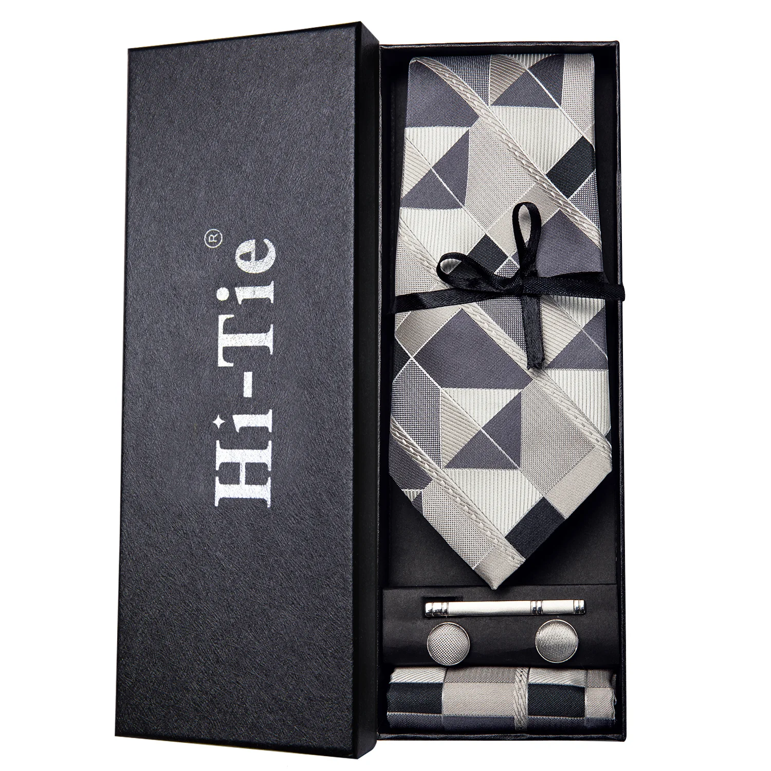 

Men's Set 100% Silk Grey Plaid Large Neckties For Men Fashion Design Hanky Cufflinks Set Wedding Quality