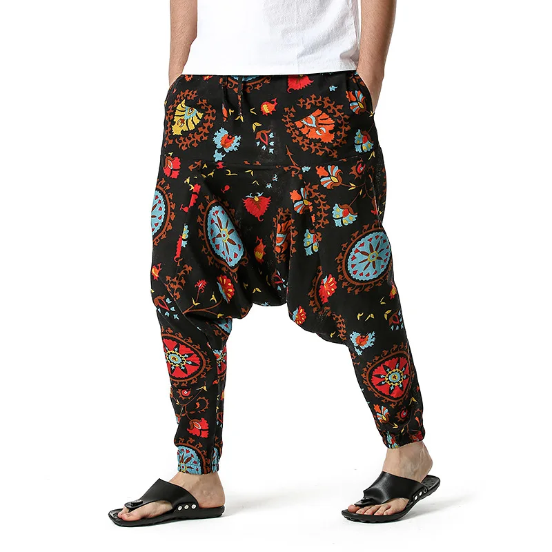 

Mens Cotton Linen Harem Yoga Baggy Boho Pants Men African Clothes Hip Hop Streetwear Sports Floral Trousers Jogging Pants Men