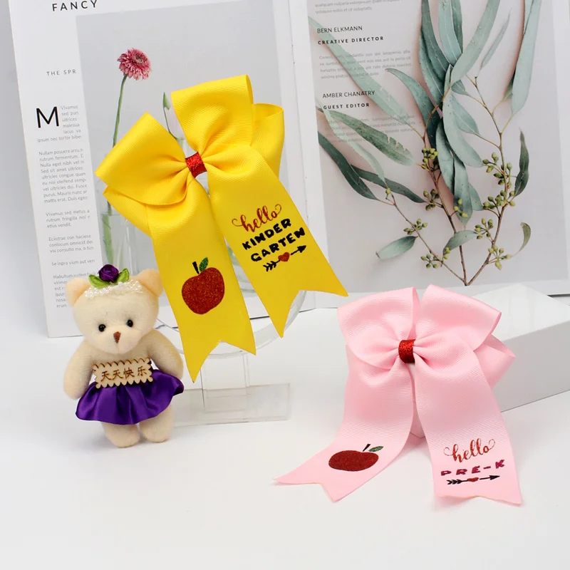 

CN 2pcs 7'' BACK TO SCHOOL Pencil Print Cheer Bow With Clips for Girls Resin Cars Patch Hair Bows For Students Hair Accessories