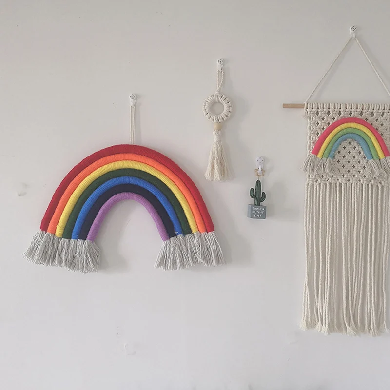 Большой размер ручной работы вязаный Радужный настенный гобелен Плетеный с