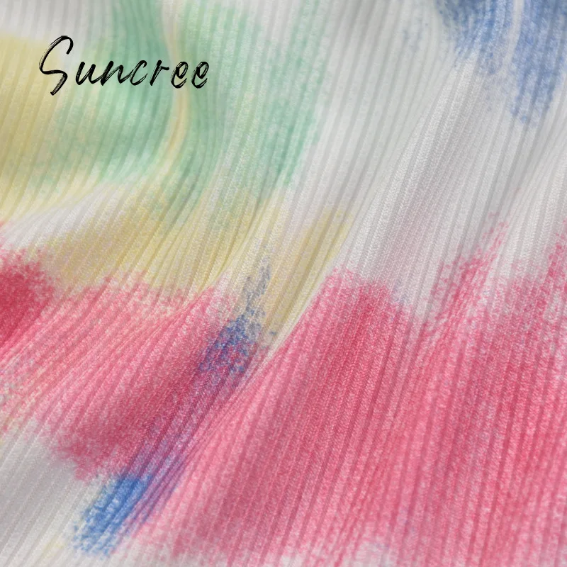 

SUNCREE Fashion Tie Dye Party Dresses Sexy Backless Sling Summer Dress Woman Color Block Skinny Mini Dresses for Women 2021