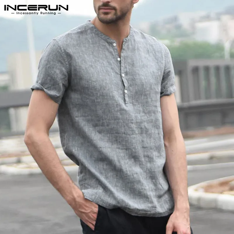 

INCERUN Men's Brand Shirt Short Sleeve Button Stand Collar Tops Streetwear Fashion Solid Casual Shirts Men Camisa Masculina 2021