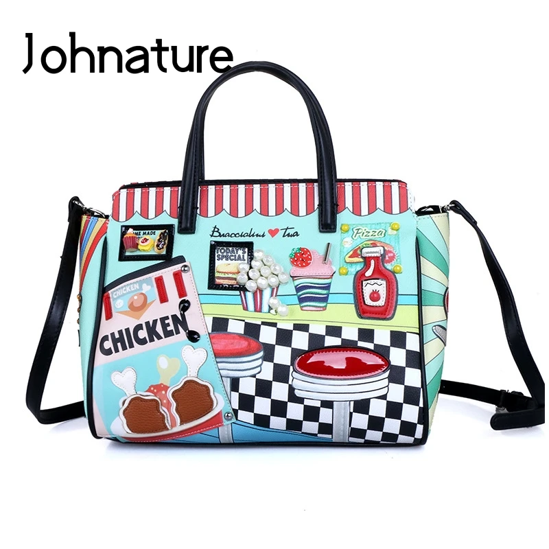 

Женская сумка с вышивкой Johnature, вместительная Повседневная сумка на плечо, с сочетанием цветов, 2021