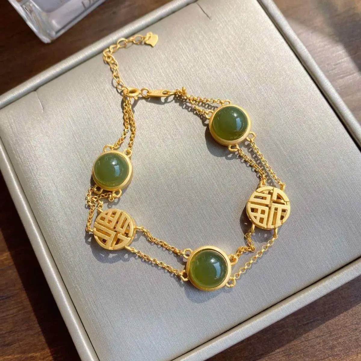 

Natural Hetian Gray Jade Fu Character Bracelet S925 Sterling Silver Fashion Fortune Bracelet Exquisite Women's Jade Gold Bracele