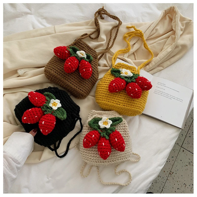 

Мори девушка милая Клубничная тканая маленькая сумка-ведро вязаная сумка через плечо