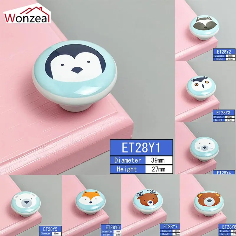 

5PCS Cartoon Round Ceramic Cabinet Knobs Animal Kitchen Cupboard Drawer Wardrobe Handles Children Room Door Pulls