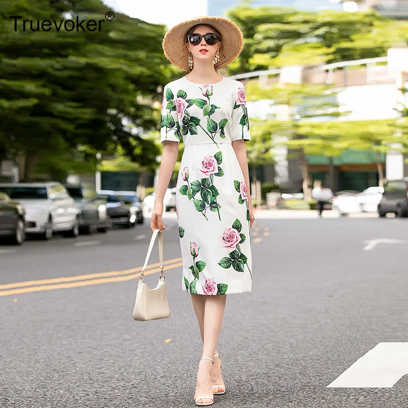 

Ladies Runway Fashion Short Sleeves White Rose Flower Print Pencil Summer Holiday Dress Party Dress