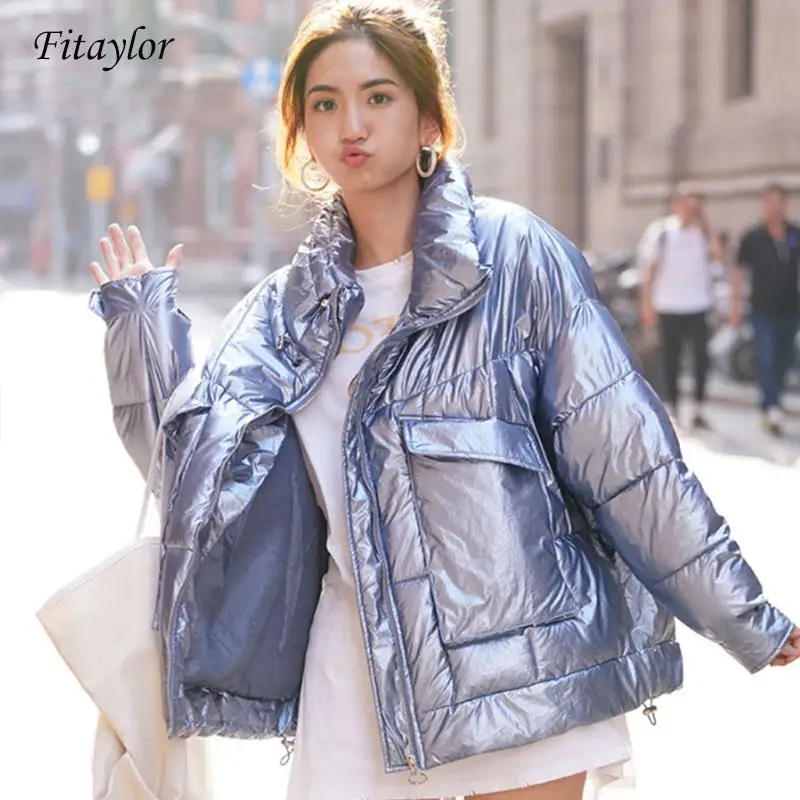 Fitaylor новая глянцевая парка зимняя женская куртка Яркое пальто теплая Толстая короткая хлопковая верхняя одежда корейский стиль - Цвет: Небесно-голубой