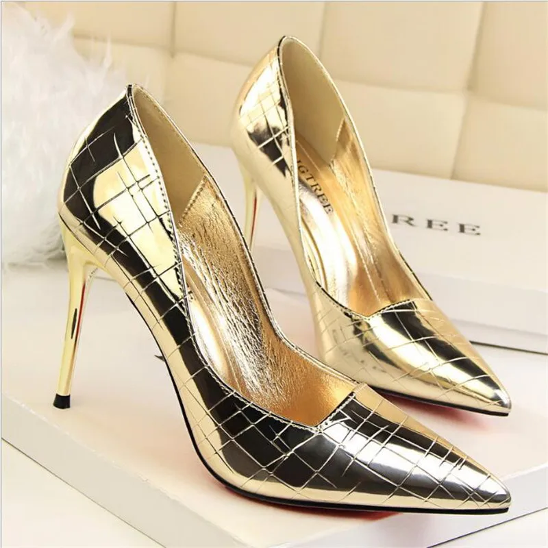 

New Women Pumps Patent Leather Women Shoes High Heels Sexy Women Wedding Shoes Gold Ladies Shoes Silver Stiletto Women Heels