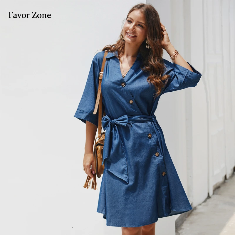 Джинсовое платье осеннее повседневное отложной воротник рукав три четверти с