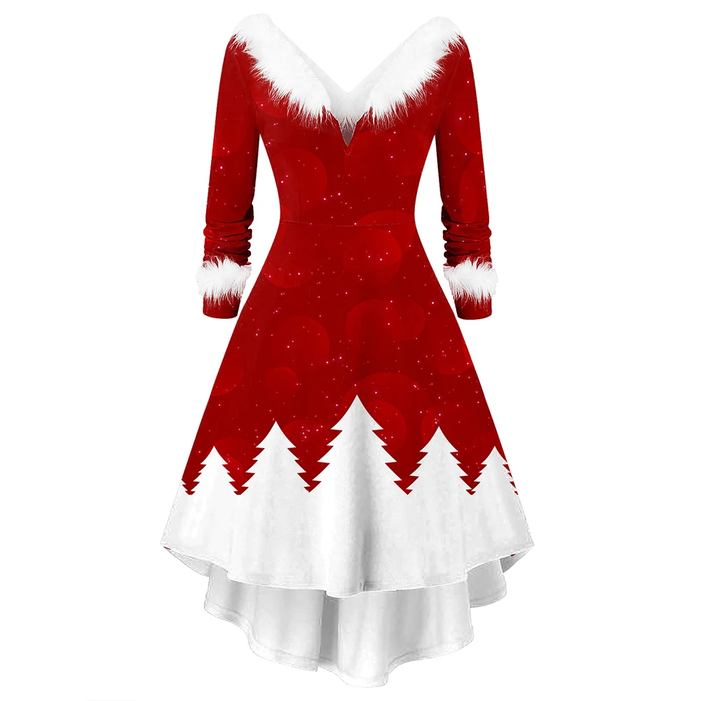 

Sexy V-Neck Snowflake Print Christmas Pullover Women Casual Winter A-Line Dress Party Xmas Long Sleeve Dress Knee Length Dresses
